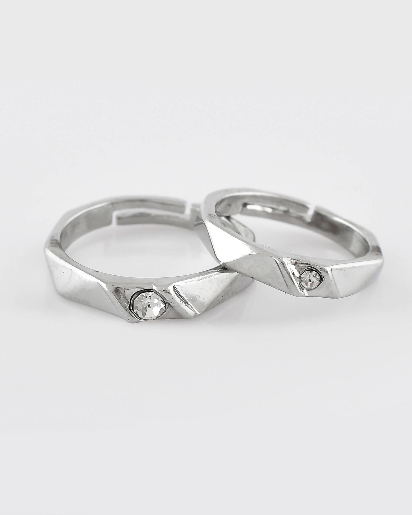 VOJ Stainless Steel Cubic Zirconia Silver Plated Adjustable Ring Set for Couple
