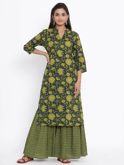 Miravan Women's Green & Yellow Floral Printed Pure Cotton Kurta With Sharara