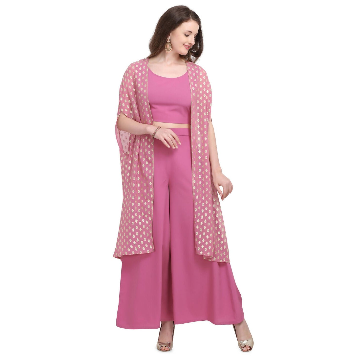 Vamika Crepe Rubber Print Pink Party Wear/Casual Wear/Office Wear Top Plazzo With Shrug