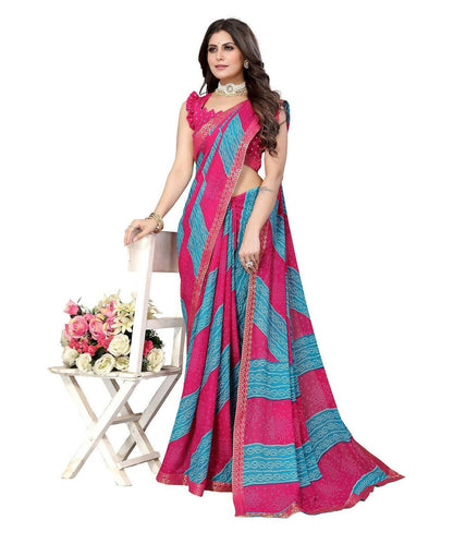 Vamika Pink Georgette Printed With Lace Saree (MANYA PINK SKY BLUE)