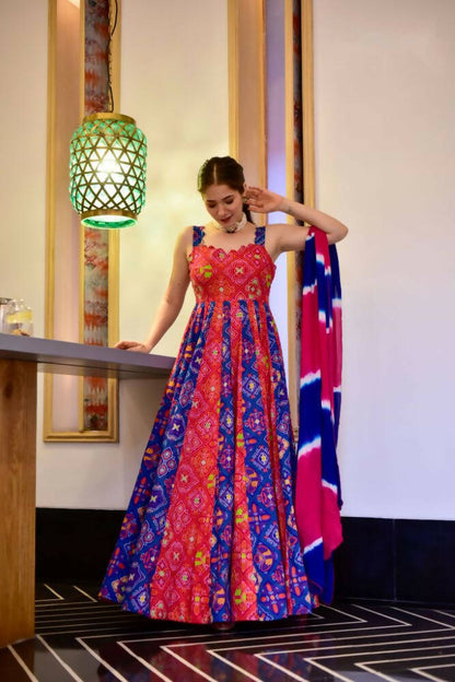 Everywhere Designer Blue & Red Silk Cotton Stitched Suit With Dupatta - Anbazaar