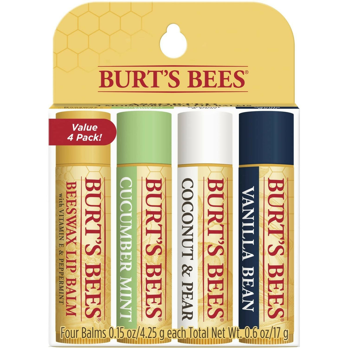 Burt's Bees Natural Moisturizing Lip Balms (Beeswax, Cucumber Mint, Coconut & Pear, Vanilla Bean)