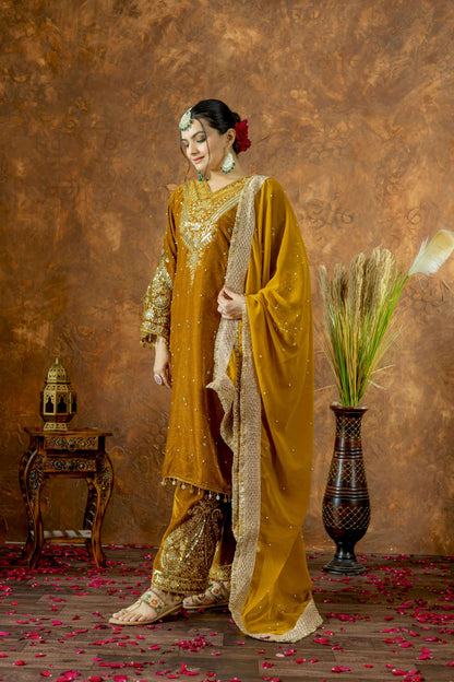 Joban Fashion Mustard Gold Velvet Embroidery Kurta Set
