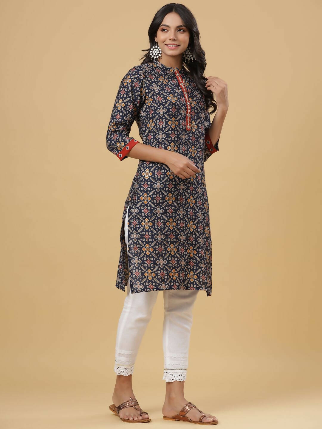 Juniper Women's Navy Printed Straight Knee Length Kurta