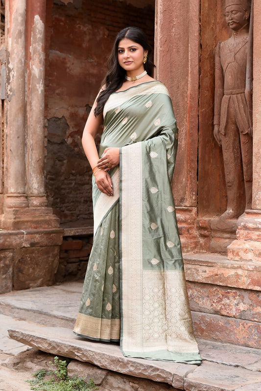 Joban Fashion Dusty Olive Banarasi Katan Pure Handloom Silk Saree