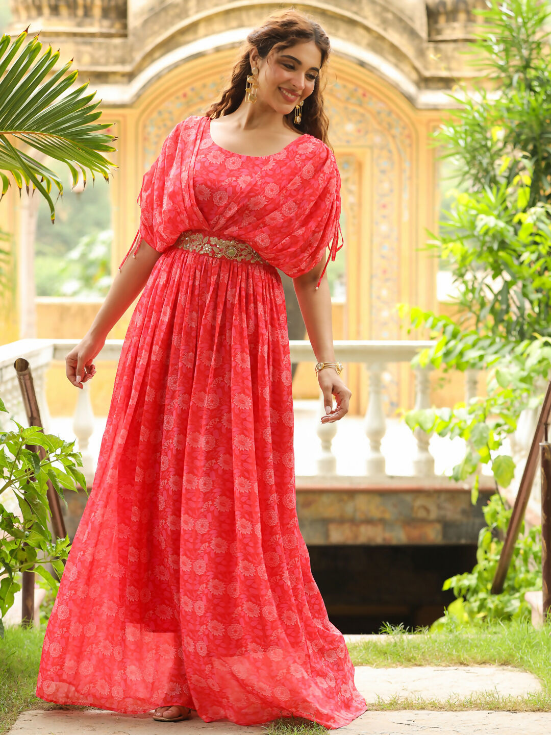 Janasya Pink Georgette Floral Gown