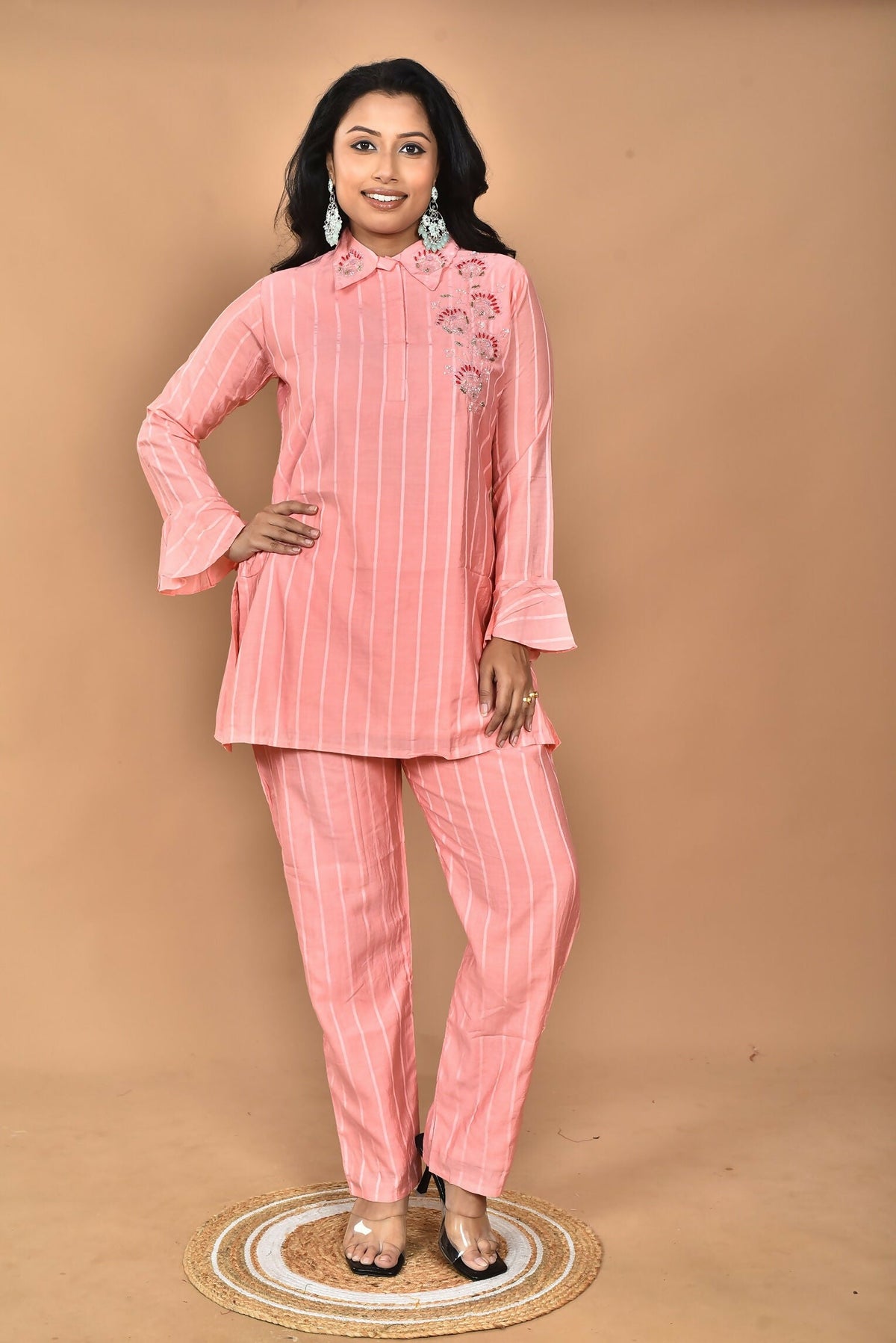 Morchari Women And Hand Embroidery Co-Ords-Peach