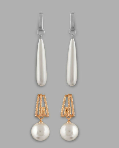 VOJ Set Of 2 Korean Drop Earrings - Gold-Polished and Silver Plated With White Pearl