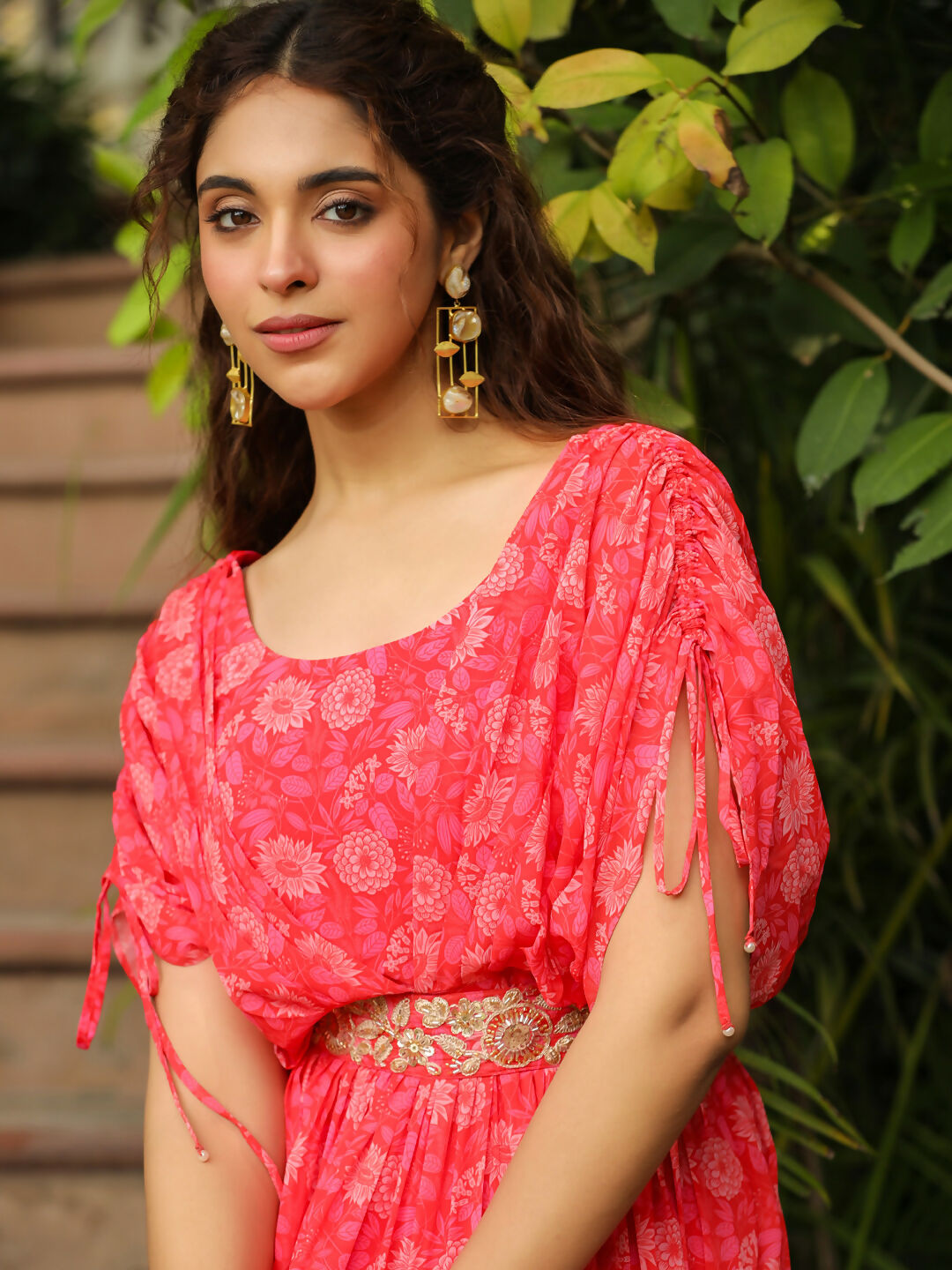 Janasya Pink Georgette Floral Gown