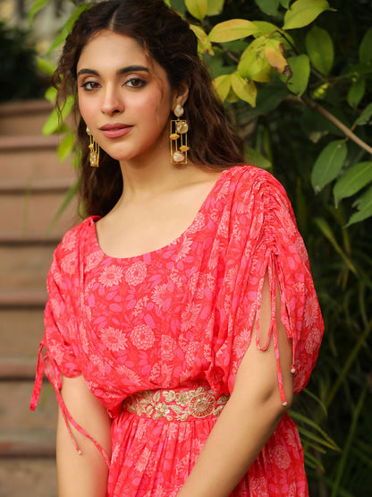 Janasya Pink Georgette Floral Gown