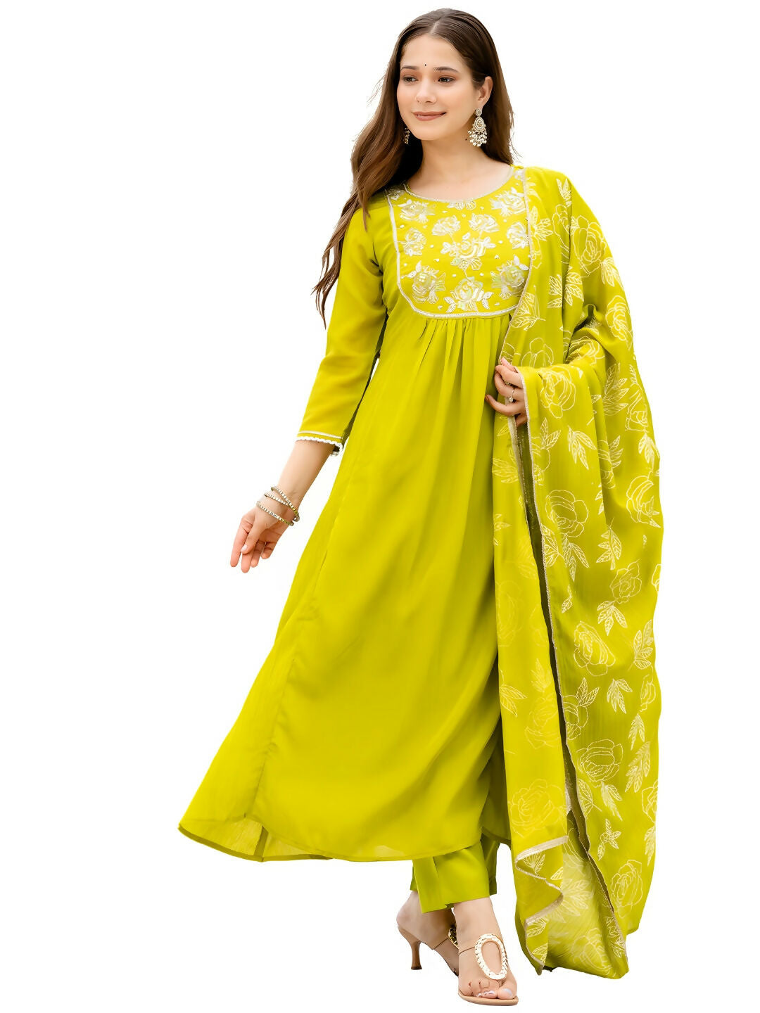 The52 Liril Women's Beautiful Embroidered work Chinon Fabric with Flared Kurta, Pant and Dupatta Set