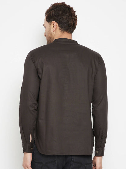 Even Apparels Brown Pure Cotton short Men's Kurta With Band Collar