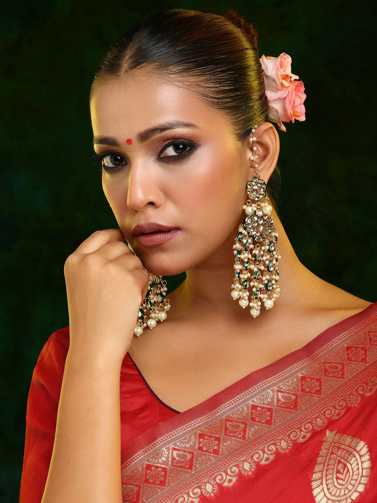 Ruby Raang 22k Gold Polished Kundan Chand Earrings With Ear Chains
