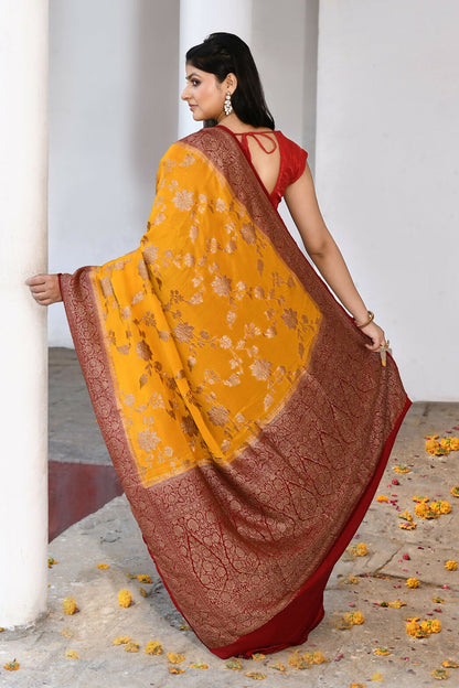 Joban Fashion Yellow Crepe Chiffon Pure Handloom Banarasi Silk Saree