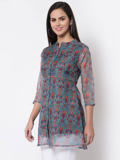 Myshka Women's Beautiful Organza Printed 3/4 Sleeve Round Neck Casual Multicolor Tunic