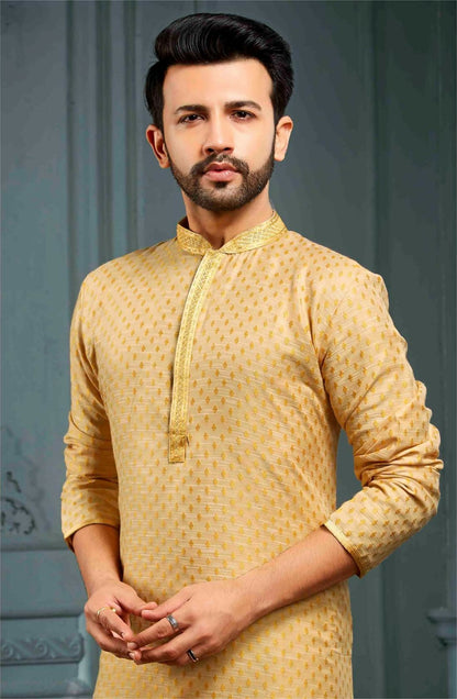 Joban Fashion Men's Yellow Poly Jacquard Kurta Pajama