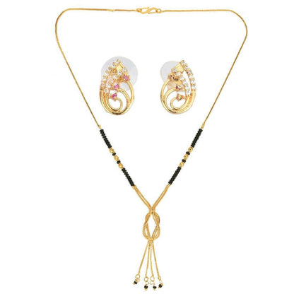 AanyaCentric Gold-Polished Short Mangalsutra Set with Earrings