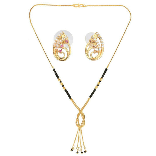AanyaCentric Gold-Polished Short Mangalsutra Set with Earrings