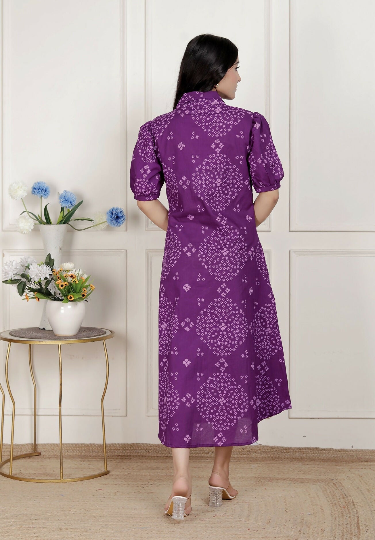 Miravan Womens Purple Bandhani Printed A-Line Maxi Dress
