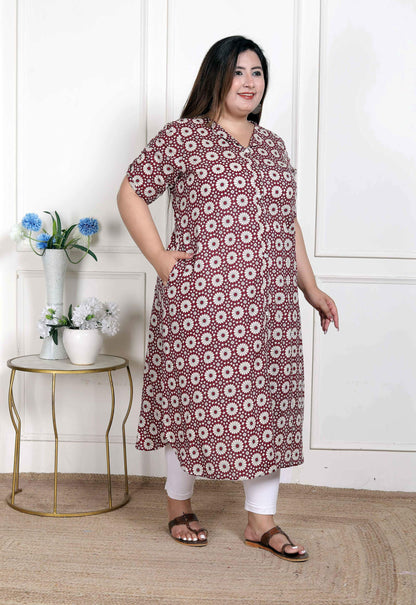 Miravan Women's Plus Size Cotton Floral Printed Cream A-Line Kurta with Buttons