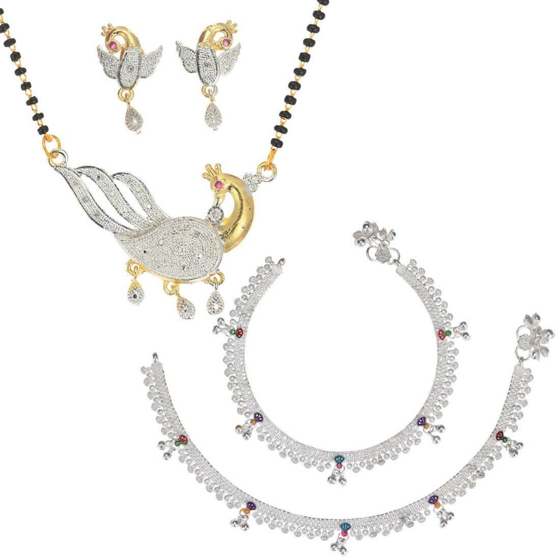 AanyaCentric Gold-Polished Mangalsutra Pendant Earring Set & Silver Plated Anklet