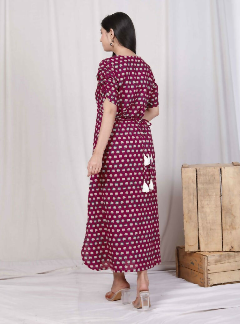 Miravan Women's Relaxed Fit Red Floral Printed A-Line Pure Cotton Midi Dress