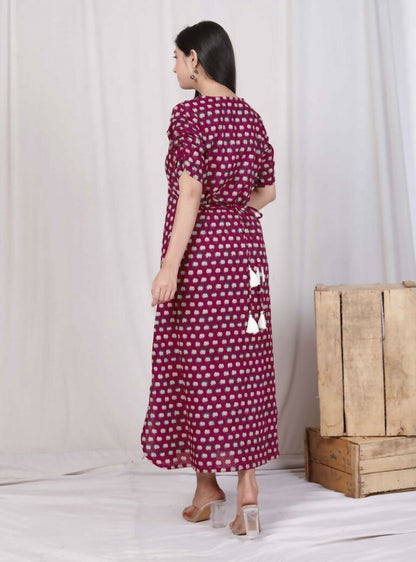 Miravan Women's Relaxed Fit Red Floral Printed A-Line Pure Cotton Midi Dress