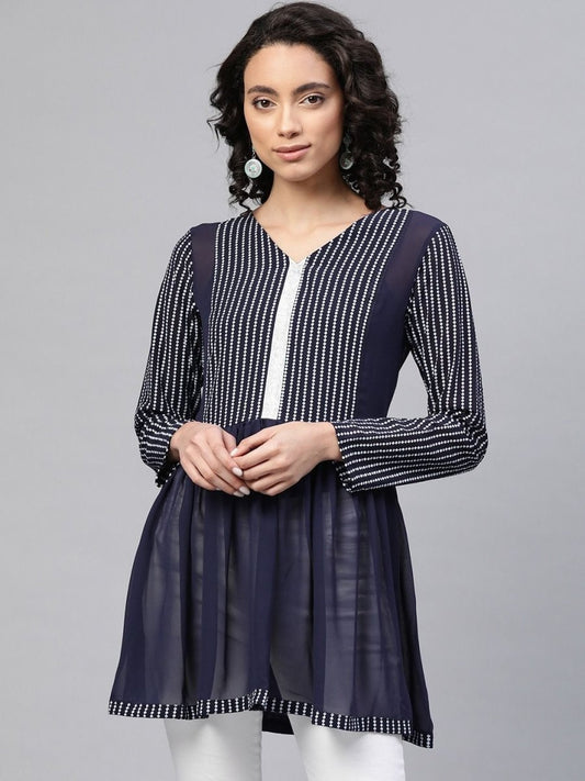 Ahalyaa Women Navy Blue Georgette Khari Print Tunic