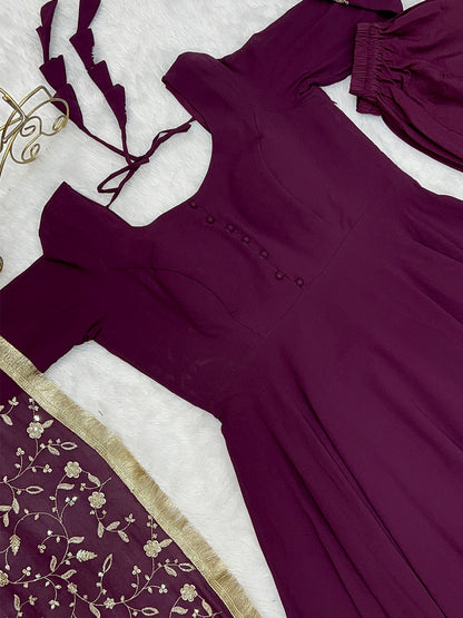 Lorenvalley Fashion Women Georgette Anarkali Gown Duppta Full Set With Pent Ready To Wear - Wine