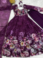 Lorenvalley Fashion Women Pure Soft Organza Silk Floral Print Fully Flair Anarkali With Pent Dupatta Set - Wine