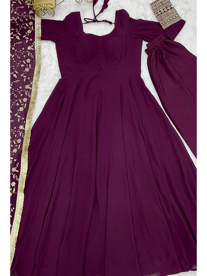 Lorenvalley Fashion Women Georgette Anarkali Gown Duppta Full Set With Pent Ready To Wear - Wine