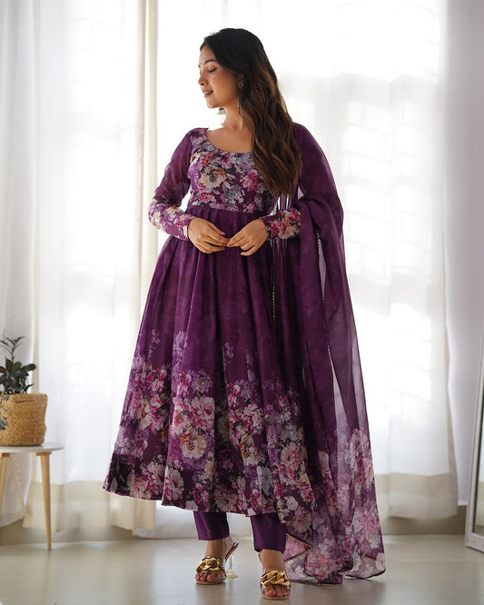 Lorenvalley Fashion Women Pure Soft Organza Silk Floral Print Fully Flair Anarkali With Pent Dupatta Set - Wine