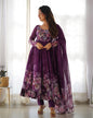 Lorenvalley Fashion Women Pure Soft Organza Silk Floral Print Fully Flair Anarkali With Pent Dupatta Set - Wine