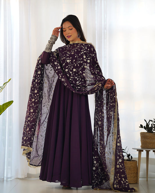 Lorenvalley Fashion Women Georgette Anarkali Gown Duppta Full Set With Pent Ready To Wear - Wine