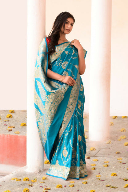 Joban Fashion Blue Banarasi Soft Pure Handloom Banarasi Silk Saree
