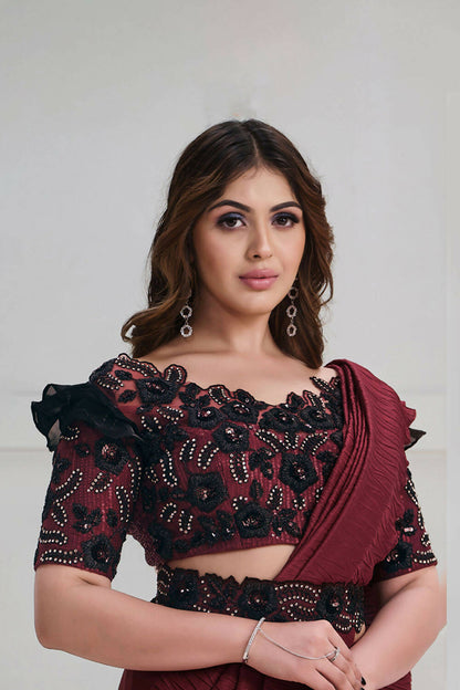 Maroon Crepe Silk Georgette Texture with Cord, Sequence Embroidered & Stone work Saree - Mohmanthan Majestica
