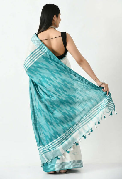 Mominos Fashion Moeza White & Sea Green Bhagalpuri Handloom Ikat Pure Cotton Saree with unstitched Blouse piece