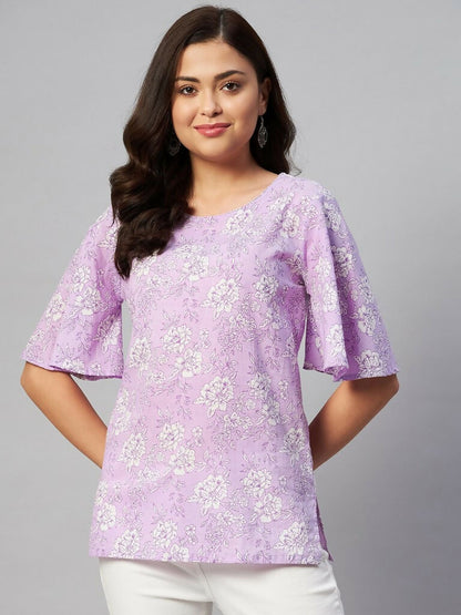 Miravan Women's Lavender-Coloured Bell Sleeve Floral Print Kurti