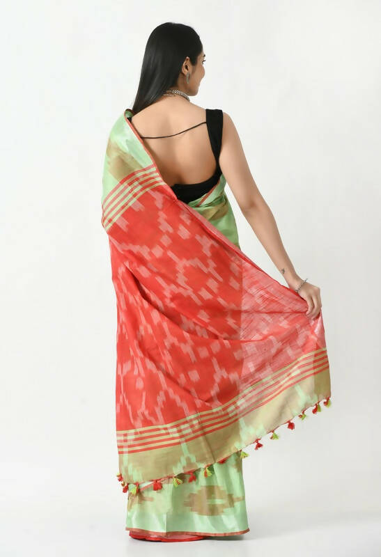 Mominos Fashion Moeza Light Green & Red Bhagalpuri Handloom Ikat Pure Cotton Saree with unstitched Blouse piece