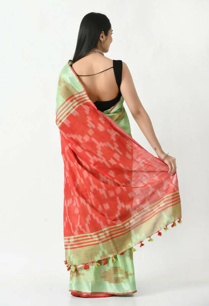 Mominos Fashion Moeza Light Green & Red Bhagalpuri Handloom Ikat Pure Cotton Saree with unstitched Blouse piece