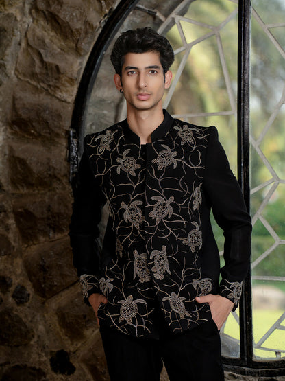 Black Bandhgala With Embroidery – Zardosi Work (Deer) by Hilo Design