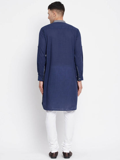 Even Apparels Blue Pure Cotton Men's Kurta With Contrast Collar And Placket