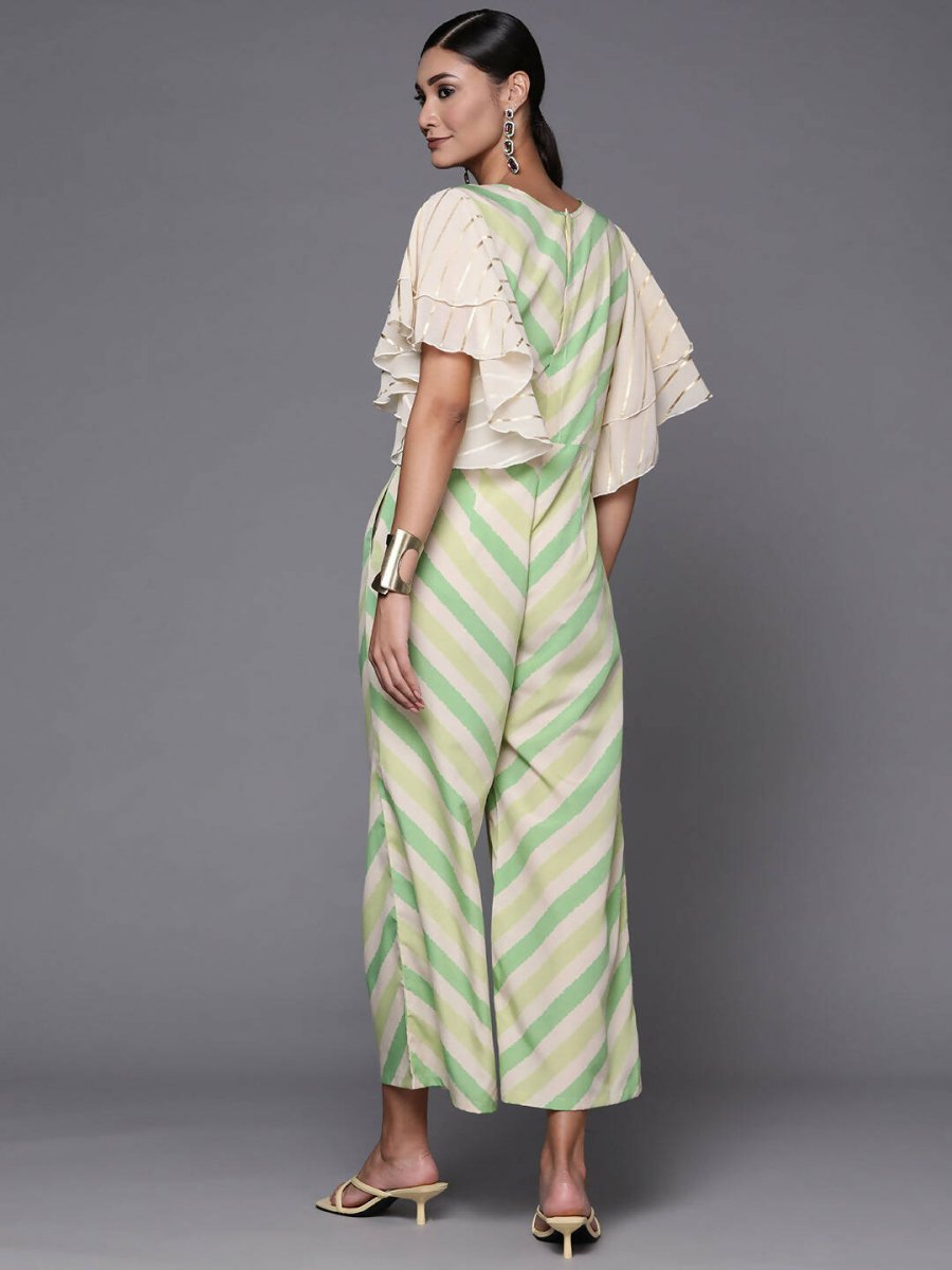 Ahalyaa Off White & Green Zig Zag Print Basic Jumpsuit