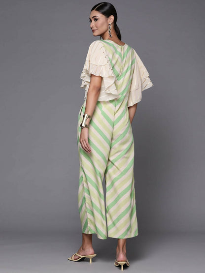Ahalyaa Off White & Green Zig Zag Print Basic Jumpsuit