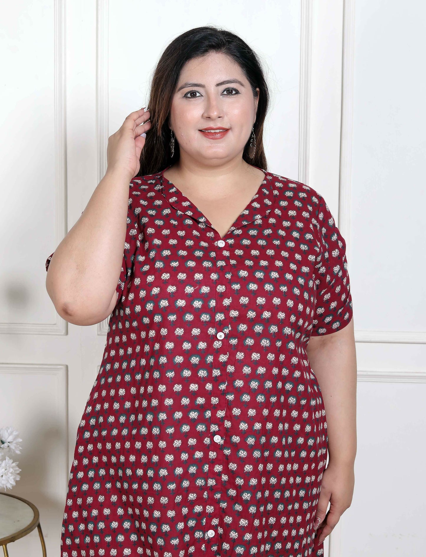 Miravan Women's Plus Size Relaxed Fit Red Floral Printed A-Line Pure Cotton Kurta