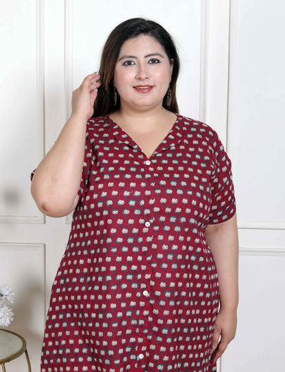 Miravan Women's Plus Size Relaxed Fit Red Floral Printed A-Line Pure Cotton Kurta