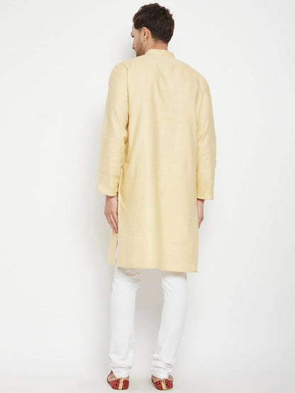 Even Apparels Beige Pure Cotton Long Men's Kurta With Band Collar