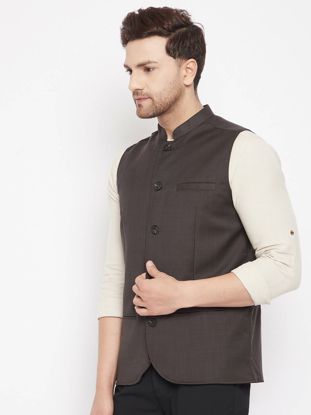 Even Apparels Brown Merino Men Woven Nehru Jacket