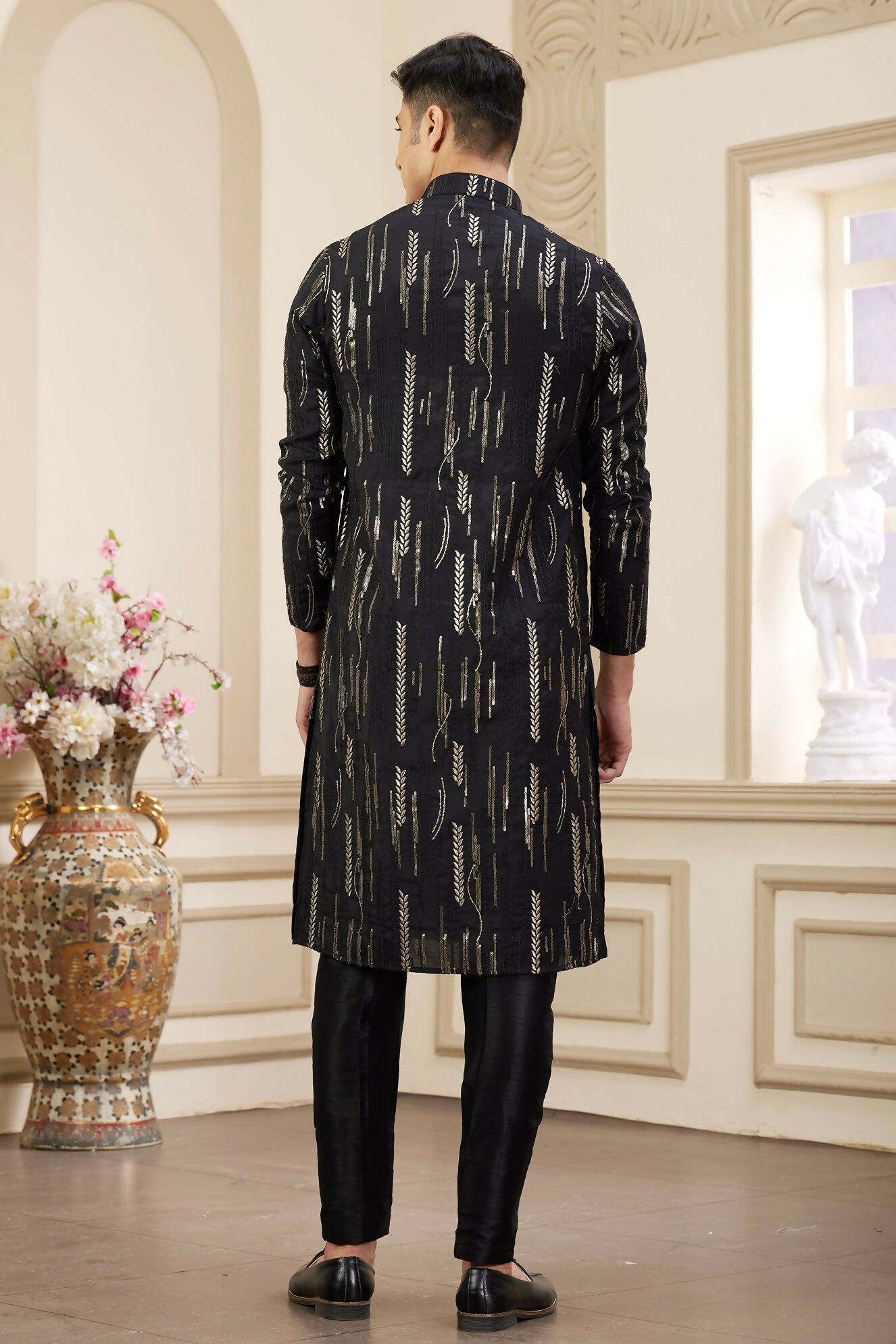 Raivat Ethnic Men's Art Silk Thread Work Kurta Pyjama In Black Colour