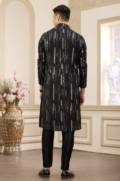 Raivat Ethnic Men's Art Silk Thread Work Kurta Pyjama In Black Colour